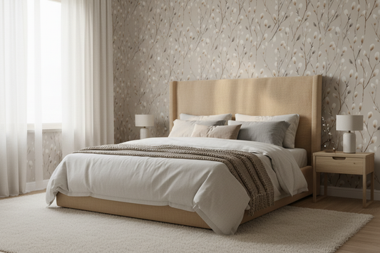 Furry Catkins Neutral Botanical Wallpaper Bedroom Mockup
