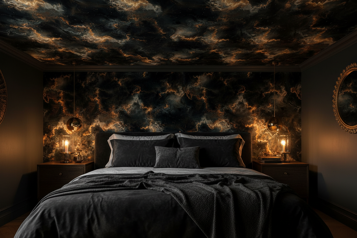 Dark celestial cloud wallpaper in black, charcoal and warm gold tones, shown on a dramatic bedroom feature wall.
