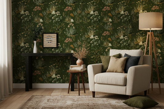 Woodland toad wallpaper with grumpy frogs, forest plants, and wildflowers on a deep green background in living room