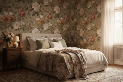 Heirloom Rose sage green floral peel and stick wallpaper — delicate rose blooms on a soft background in bedroom