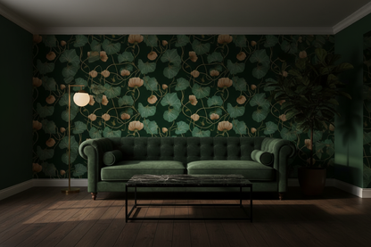 Hidden Garden Dark Green Botanical Wallpaper Living Room Mockup