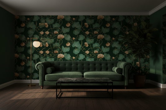 Hidden Garden Dark Green Botanical Wallpaper Living Room Mockup