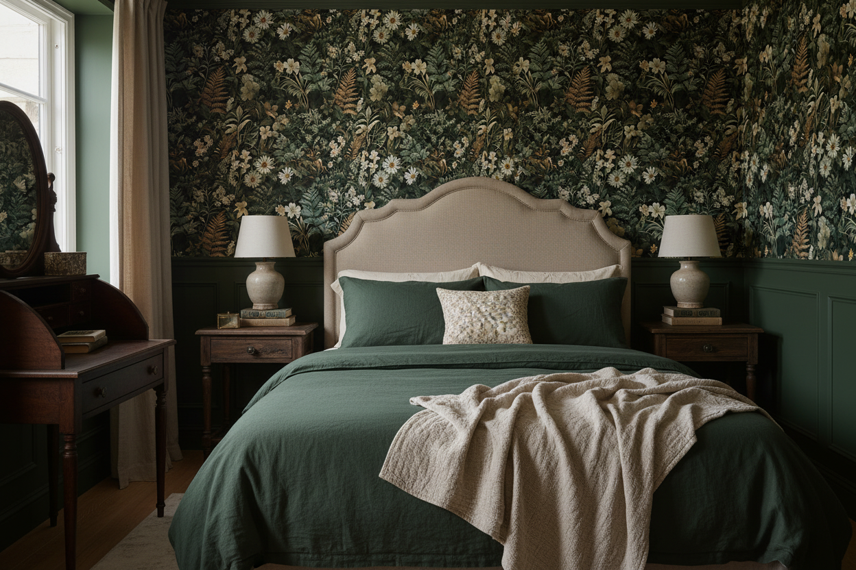 Dark botanical wallpaper featuring lush forest foliage, cream wildflowers, daisies, and ferns on a deep green background, creating a moody cottagecore bedroom accent wall,