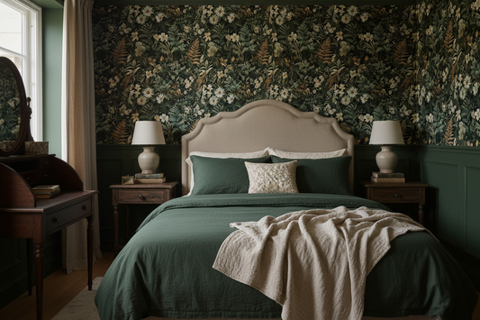 Dark botanical wallpaper featuring lush forest foliage, cream wildflowers, daisies, and ferns on a deep green background, creating a moody cottagecore bedroom accent wall,