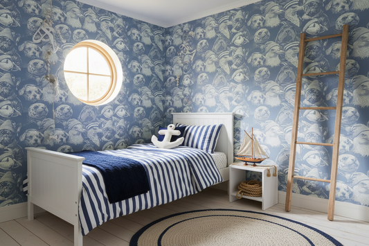 A Sailors Life nautical animal wallpaper styled in a bright coastal children's room with navy striped bedding and sailboat toys