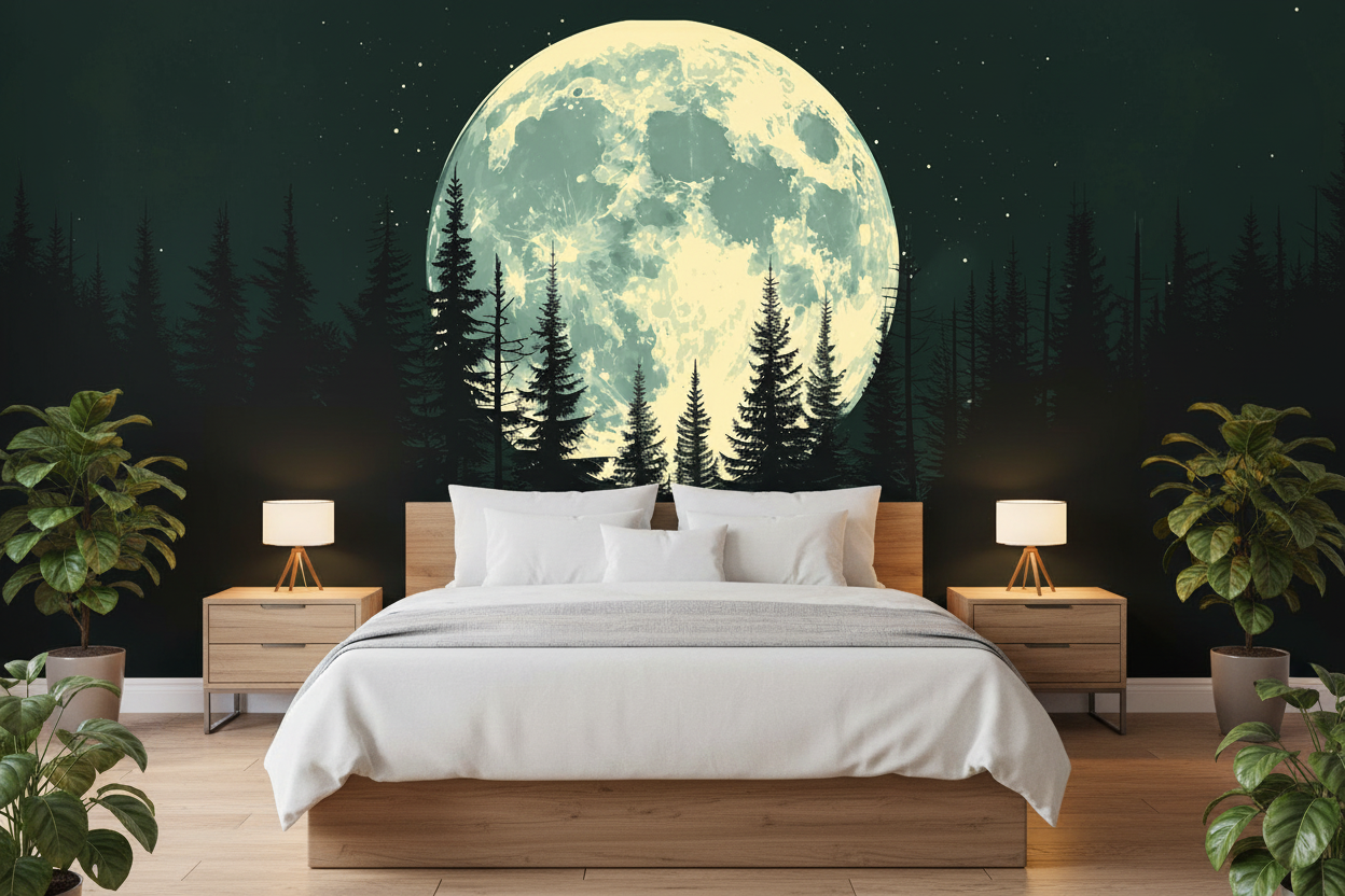 Stories from the Moon moon forest mural shown in a bedroom setting