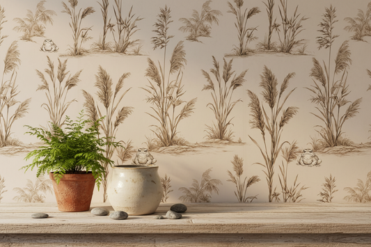 Neutral Botanical Frog Wallpaper with styled props vignette