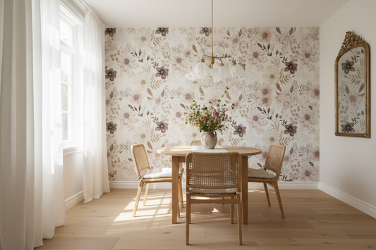 Soft Windflower ivory and pink wildflower wallpaper styled in a bright sunlit dining room with rattan chairs and natural light