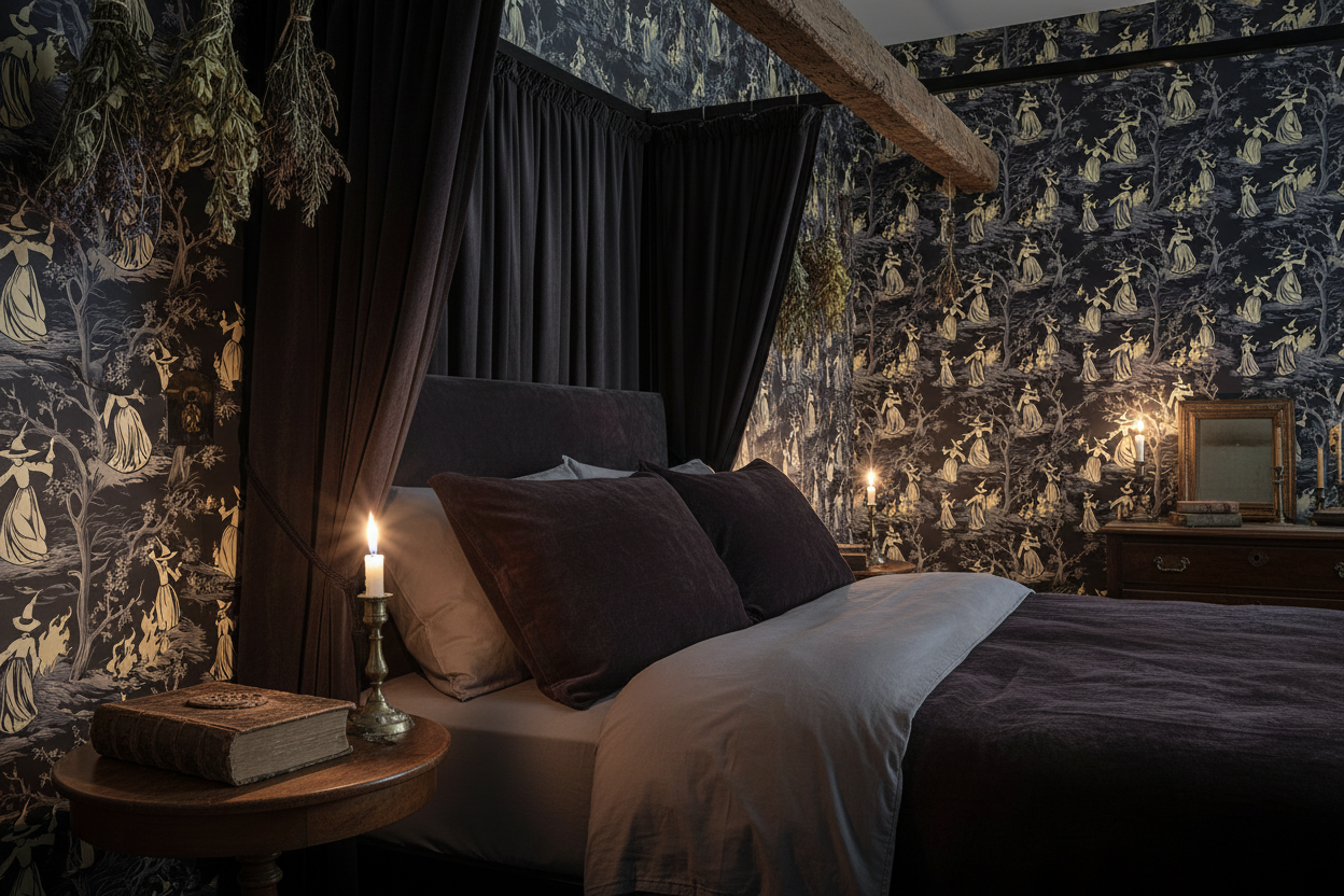 Midnight Coven witches toile wallpaper styled in a moody gothic bedroom with four-poster bed and candlelight