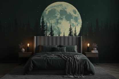 Stories from the Moon moon forest mural in a moody elegant bedroom