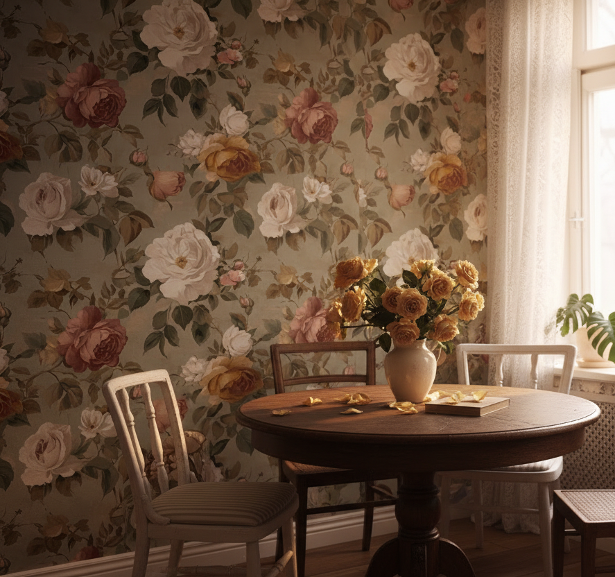 Heirloom Rose sage floral wallpaper styled in a sunlit romantic dining nook with antique furniture and fresh roses