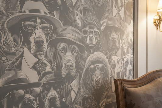 Extreme close up room mockup featuring A Mob of Dogs cool animal portrait wallpaper