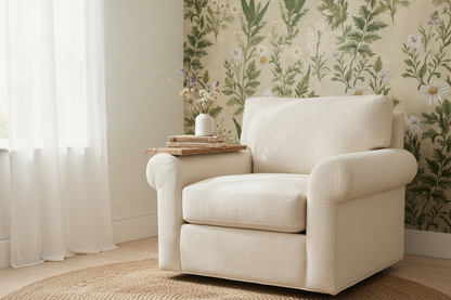 neutral wildflower wallpaper featuring delicate hand-drawn stems, seed heads, and meadow blooms in muted taupe and cream in living room