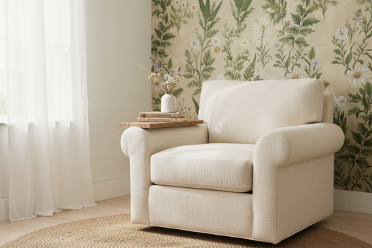 Field Notes neutral wildflower wallpaper styled in a bright sunlit reading nook with linen armchair and dried botanicals