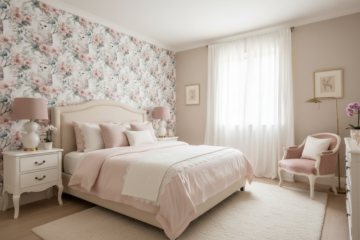 Snowy Owl and Blush Floral wallpaper in a room setting
