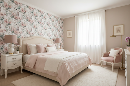 Snowy Owl and Blush Floral wallpaper in a room setting