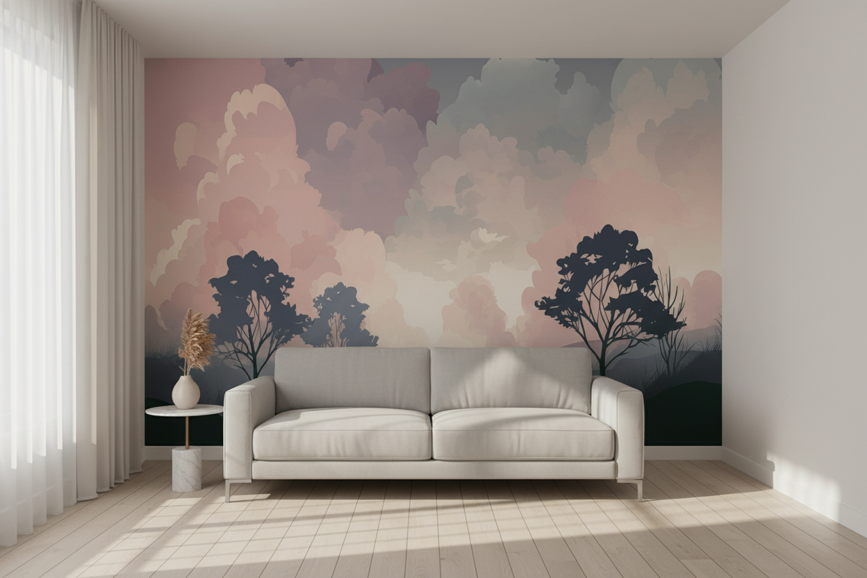 Cloudy Skies Soft Pink Forest Mural shown in a room setting