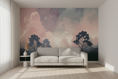 Cloudy Skies Soft Pink Forest Mural shown in a room setting