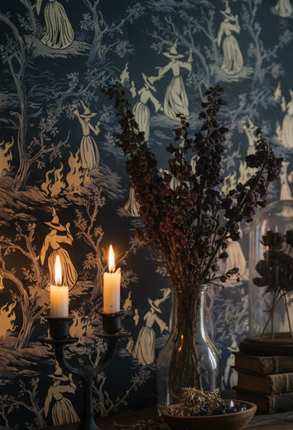 Midnight Coven witches toile wallpaper styled in a moody candlelit room with gothic cottagecore decor