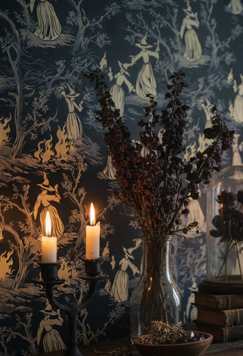 Midnight Coven witches toile wallpaper styled in a moody candlelit room with gothic cottagecore decor