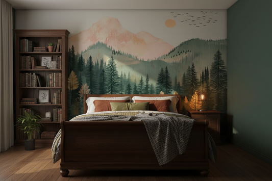 Pastel mountain forest wallpaper mural featuring misty evergreen trees, soft peach mountains, and autumn foliage in a serene woodland landscape design.