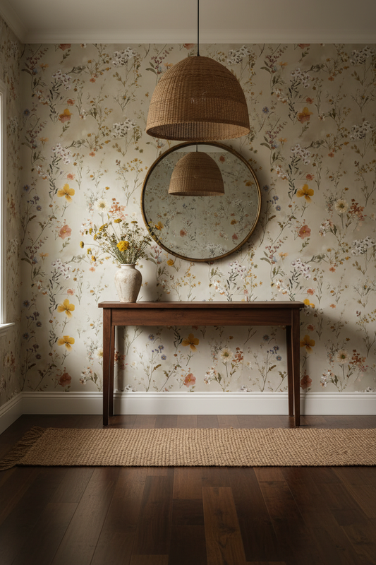 Neutral wildflower wallpaper with loose hand-painted stems, seed heads, and delicate blooms in muted taupe, cream, and sage on a warm off-white background in entryway 