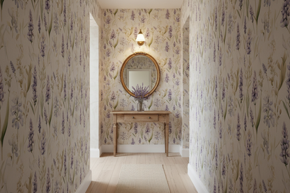 Lavender and blue botanical wallpaper featuring watercolor hyacinths and spring flowers on a soft cream background in hallway