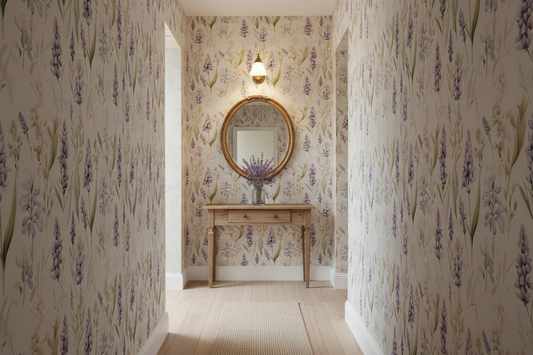 Lavender and blue botanical wallpaper featuring watercolor hyacinths and spring flowers on a soft cream background in hallway