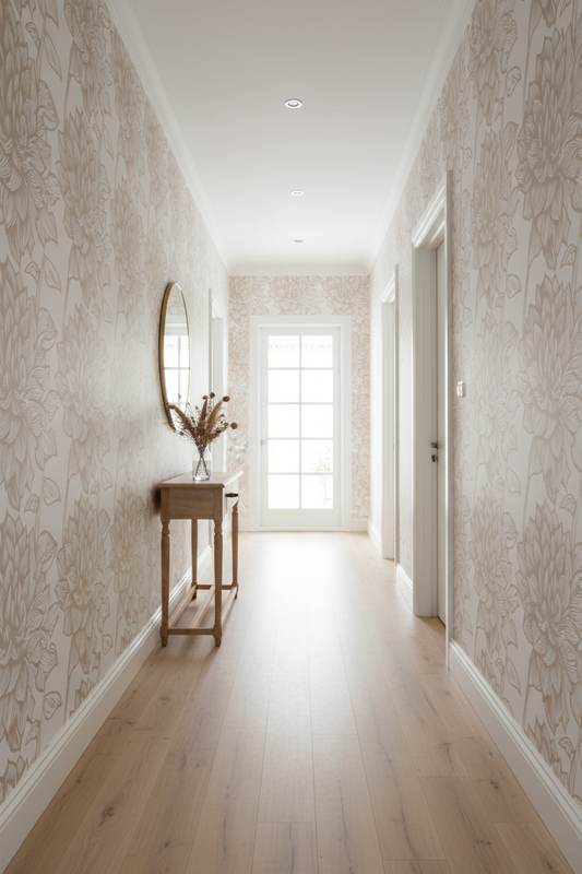 Beige and cream botanical wallpaper with oversized hand-drawn leaves and floral foliage in a soft neutral colour palette in hallway