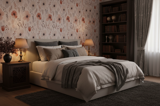 Blush poppy floral wallpaper featuring soft pink watercolor flowers, delicate botanical stems, and warm neutral tones in a romantic cottagecore wildflower pattern, in bedroom