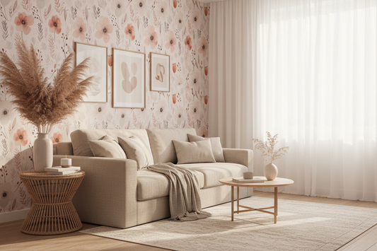 Blush poppy floral wallpaper featuring soft pink watercolor flowers, delicate botanical stems, and warm neutral tones in a romantic cottagecore wildflower pattern, in living room.