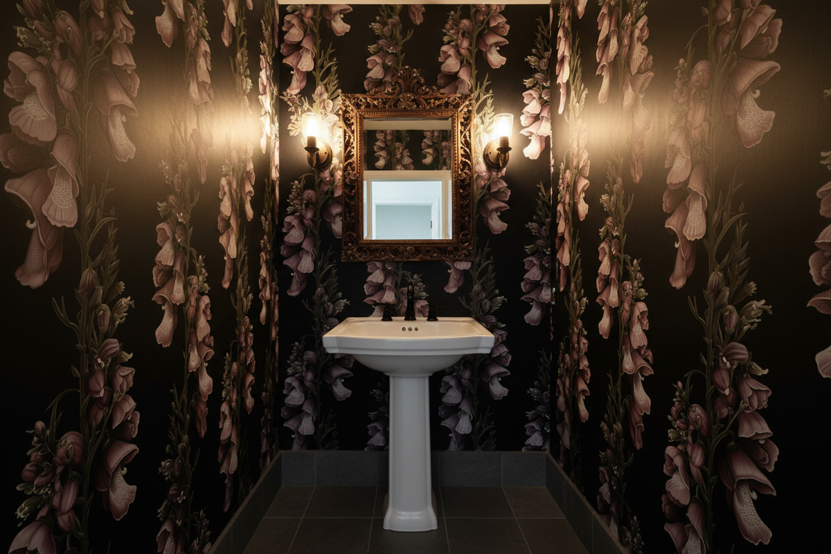 Dark foxglove floral wallpaper with dusty mauve and purple bell-shaped flowers, muted green stems and botanical details on a black background in powder room.