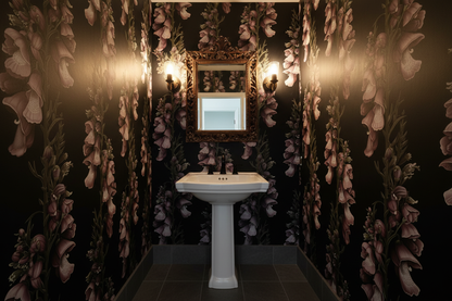 Dark foxglove floral wallpaper with dusty mauve and purple bell-shaped flowers, muted green stems and botanical details on a black background in powder room.