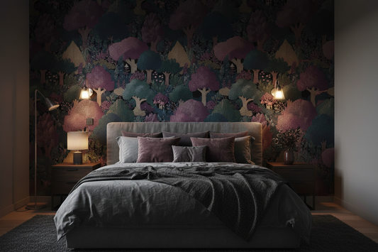 Moody Forest Dark Plum - Bedroom Mockup
