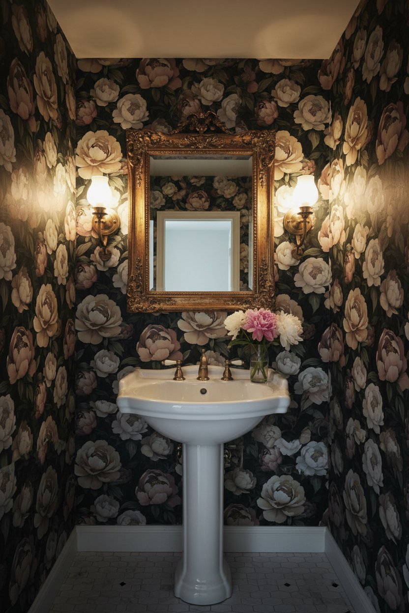 Moody peony wallpaper featuring oversized cream, blush, and taupe blooms with deep green foliage on a dark background, creating an elegant cottagecore floral statement wall, in powder room