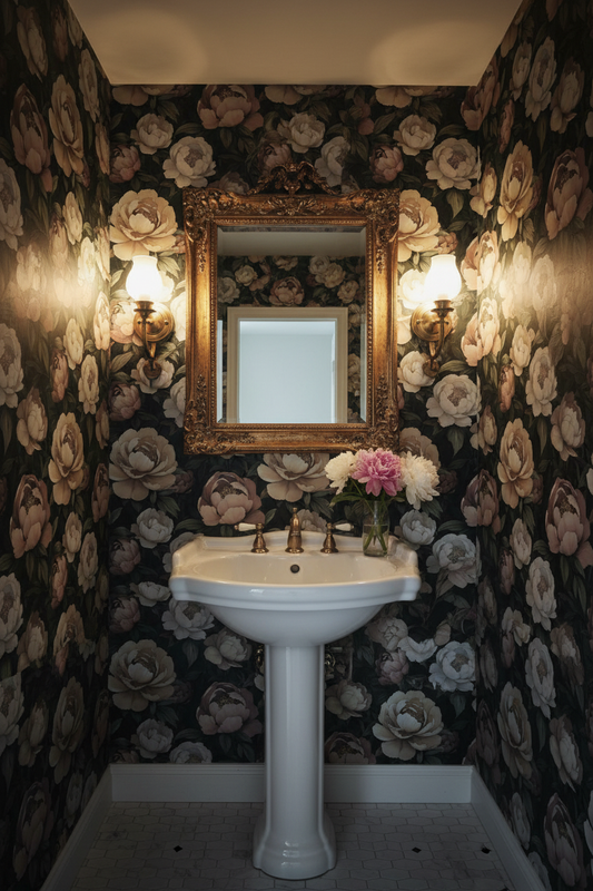 Moody peony wallpaper featuring oversized cream, blush, and taupe blooms with deep green foliage on a dark background, creating an elegant cottagecore floral statement wall, in powder room