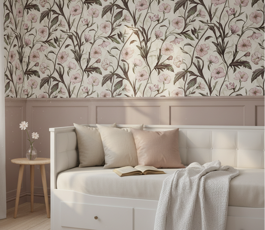 Soft blush floral wallpaper with delicate pink wildflowers and trailing botanical stems on a warm neutral background, cottagecore wallpaper design for bedrooms, nurseries, and romantic interiors.