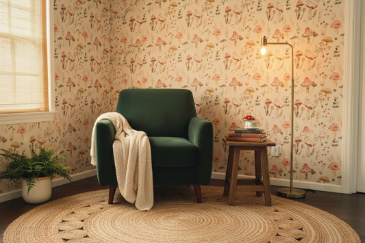 Mushroom Forest Botanical Wallpaper Reading Nook Mockup