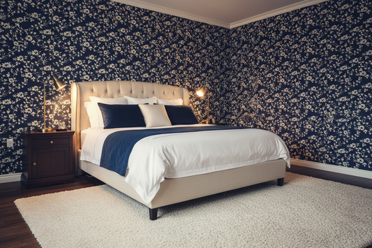 Navy Lace Floral Wallpaper Bedroom Mockup