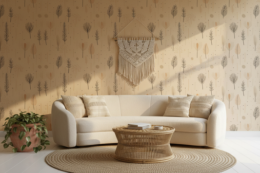 Neutral Botanical Warm Beige Boho Living Room Mockup