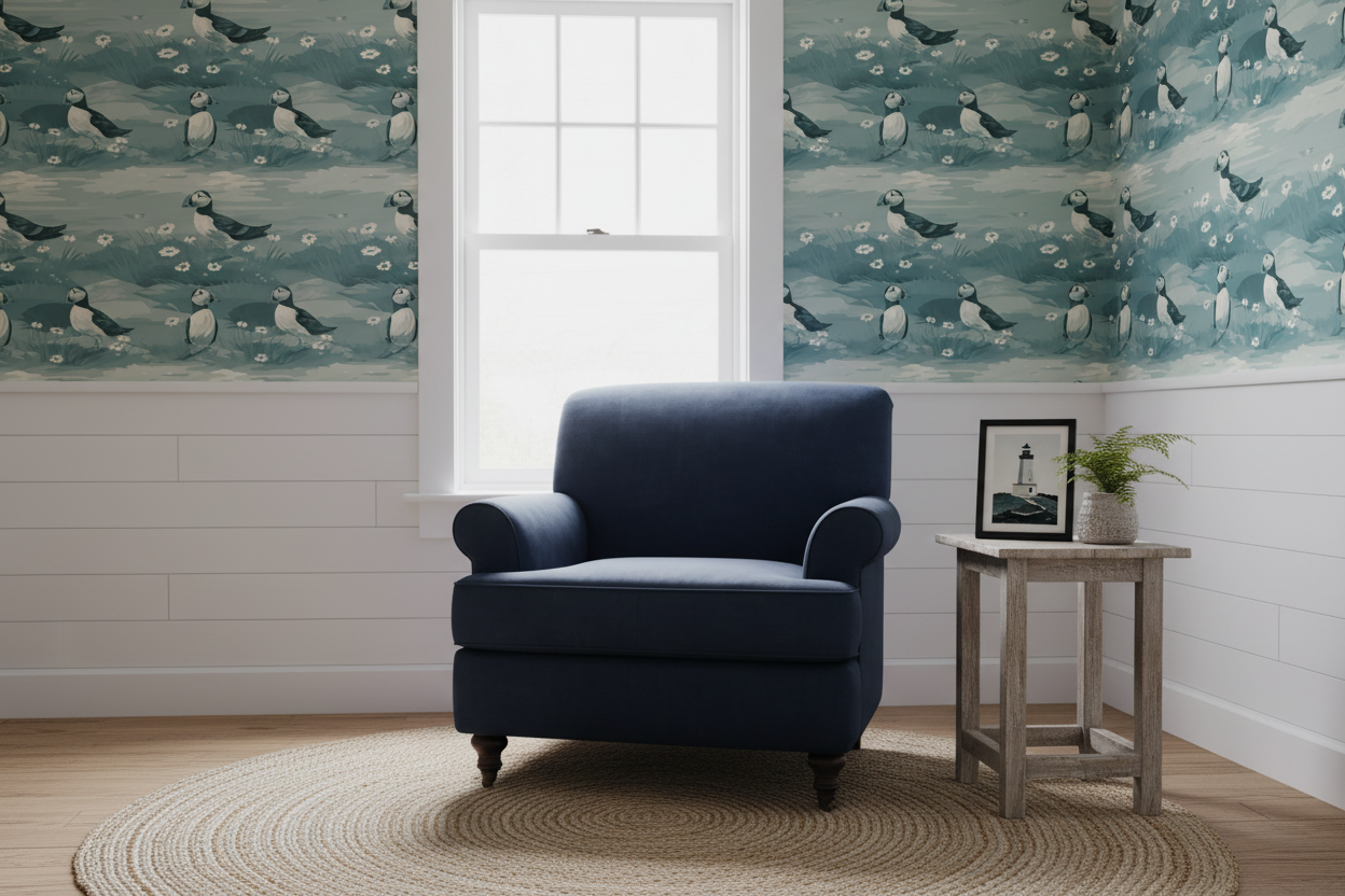 Newfoundland Puffin Wallpaper Coastal Room Mockup