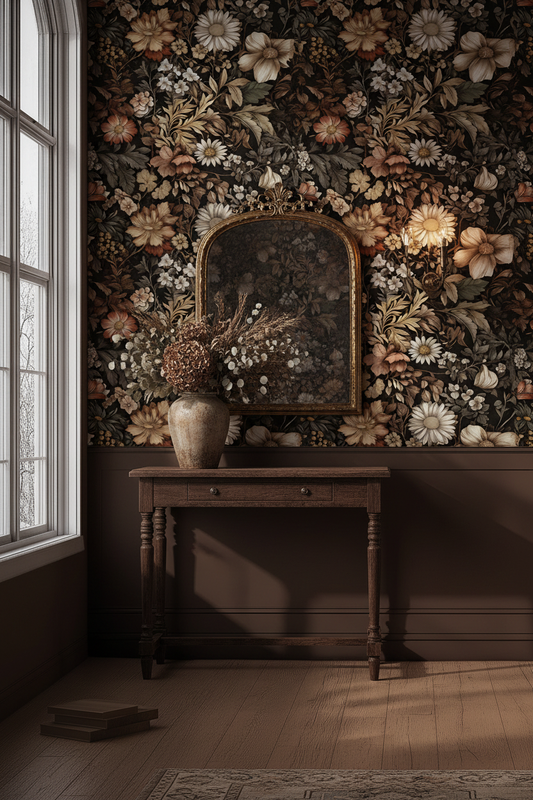 Dark floral wallpaper with moody midnight blooms and lush botanical layers in entryway