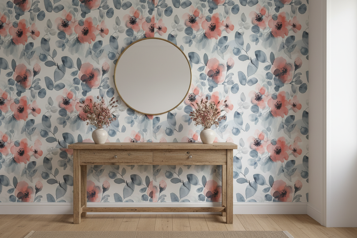 blue watercolor floral wallpaper styled in an entryway