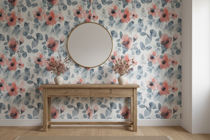 blue watercolor floral wallpaper styled in an entryway
