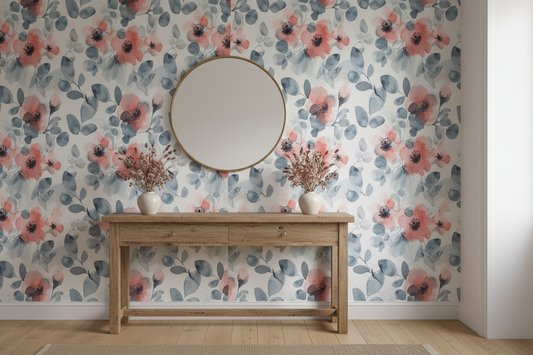 blue watercolor floral wallpaper styled in an entryway