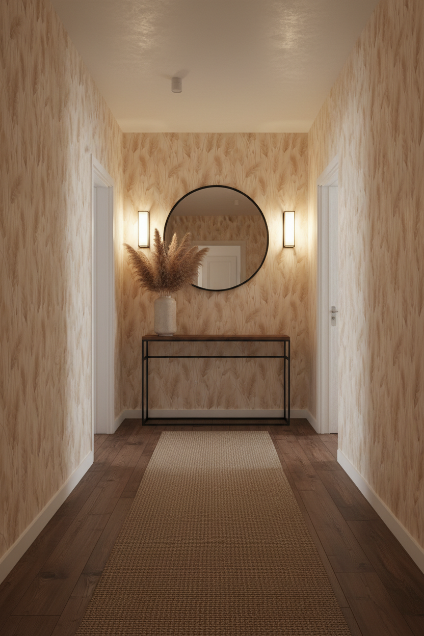 Neutral botanical wallpaper featuring soft pampas grass plumes and dried meadow grasses in warm ivory, cream, and sandy beige tones on a light background in hallway