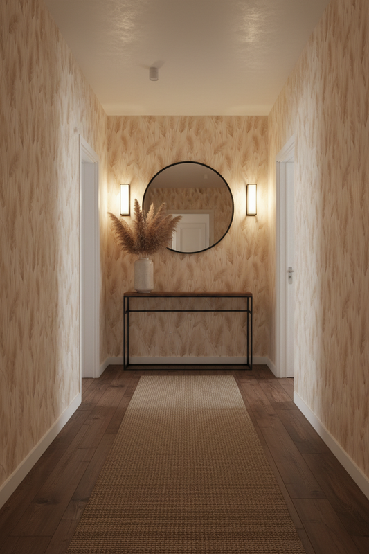 Neutral botanical wallpaper featuring soft pampas grass plumes and dried meadow grasses in warm ivory, cream, and sandy beige tones on a light background in hallway