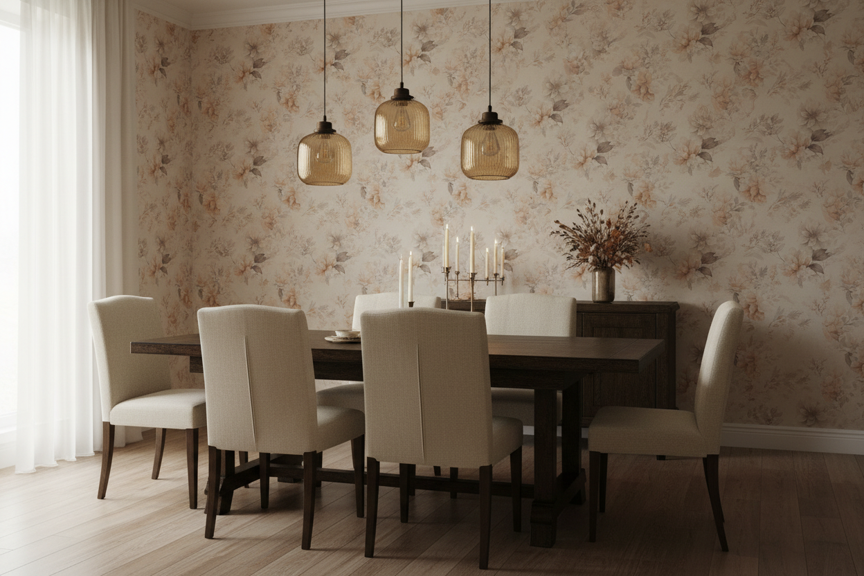 Soft watercolor wallpaper with delicate blush pink cherry blossom branches on a warm ivory background in dining room