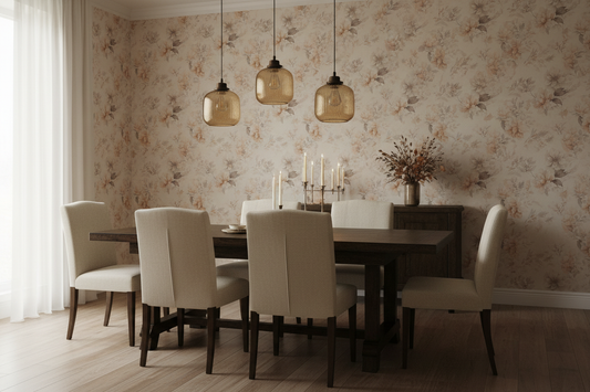Soft watercolor wallpaper with delicate blush pink cherry blossom branches on a warm ivory background in dining room