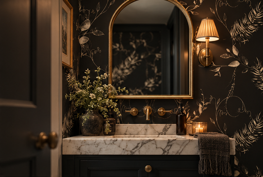 Dark botanical peel and stick wallpaper with antique gold leaves and delicate branches on a black background, styled in a moody Bathroom.